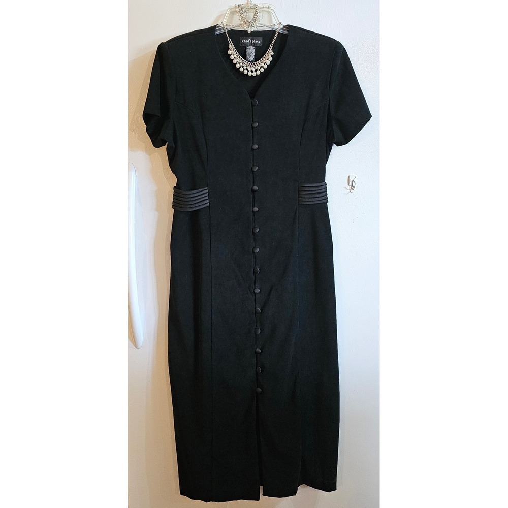 Chad's Place Black Button Up Midi‎ Dress Vintage Style SZ 18 VNeck Short Sleeve